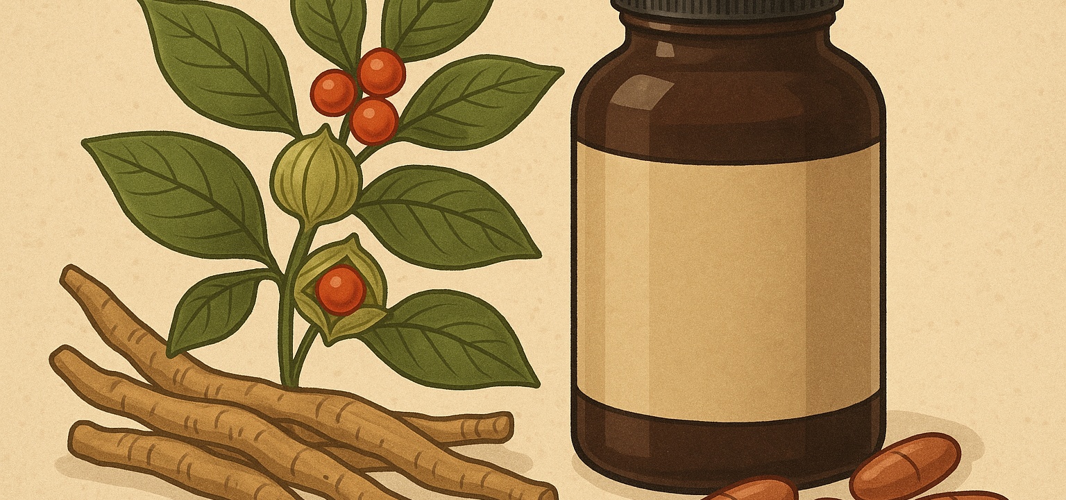 En illustrert ashwagandhaplante med grønne blader, røde bær og rot ved siden av et brunt glass med kapsler – bildet viser kosttilskuddet Ashwagandha KSM-66, ofte brukt for mer energi og stressreduksjon.