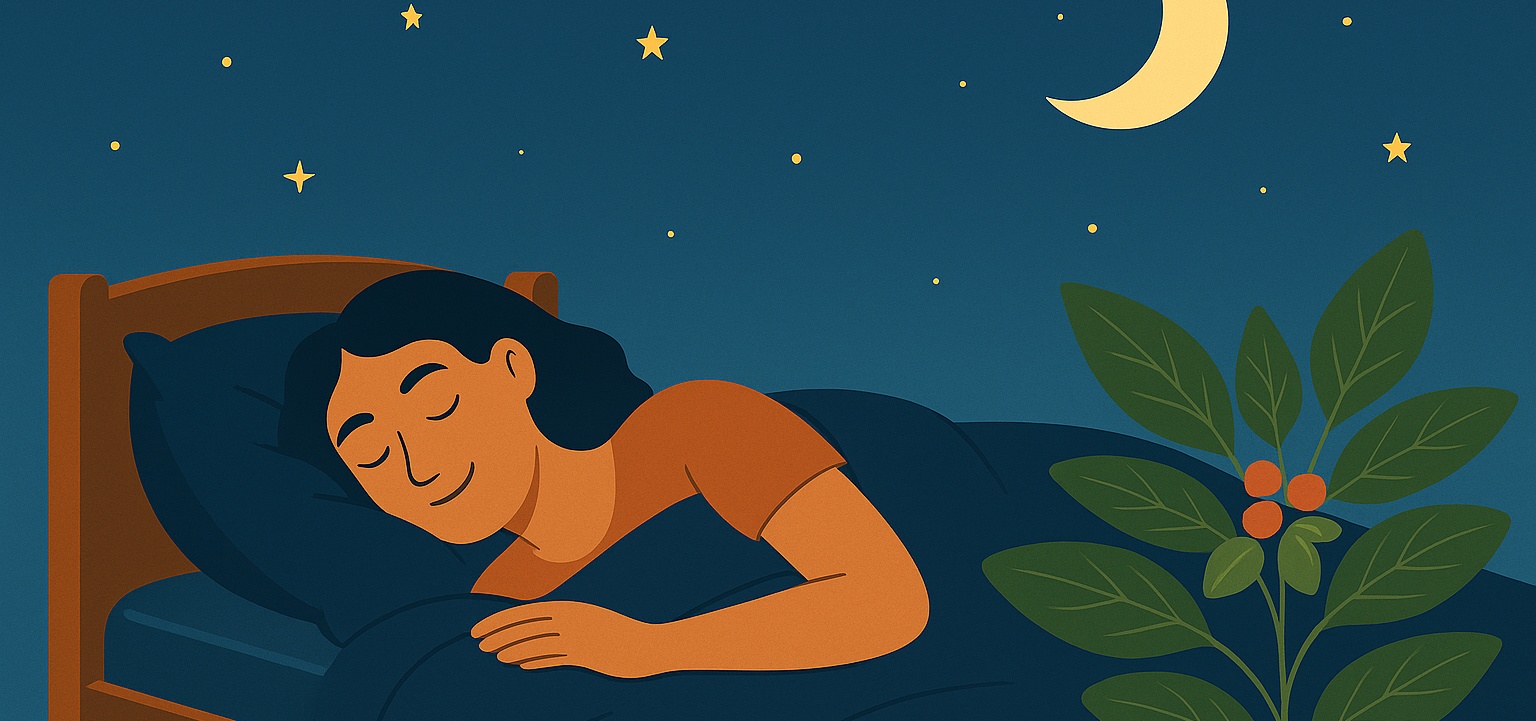 En person sover rolig i en seng under en stjerneklar nattehimmel, med en ashwagandhaplante i forgrunnen – bildet symboliserer hvordan Ashwagandha kan bidra til redusert stress og bedre søvn.